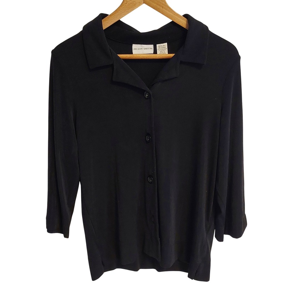 Jaclyn Smith Womens M Black Slinky Knit Button Up 3/4 Sleeve Top Capsule Travel